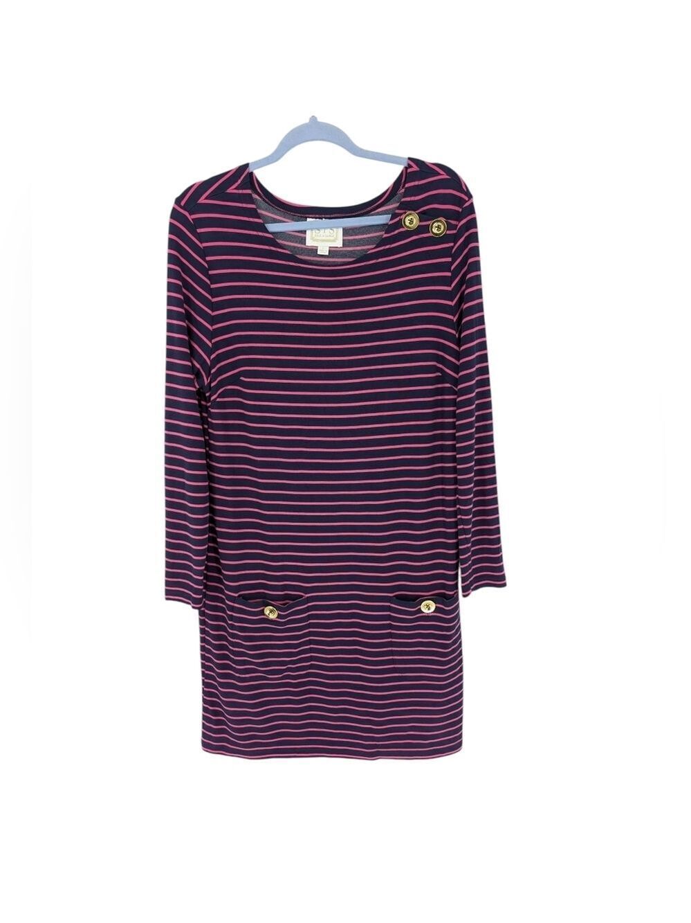Sail to Sable Striped Long Sleeve Dress Blue Pink Gold Buttons Rayon Blend Large